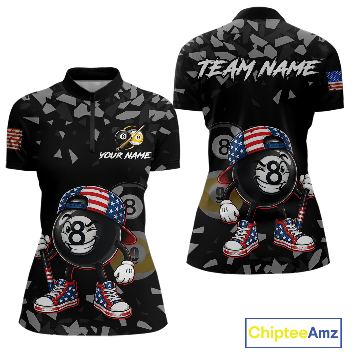 US Flag Funny 8 Ball Women's Billiard Quarter-Zip Shirt Personalized Pool League Uniform