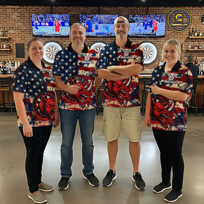 Red Dripping Rhino Funny Men Darts Polo 1/4-Zip Shirt Custom Grunge American Flag Dartboard Apparel NYN3358