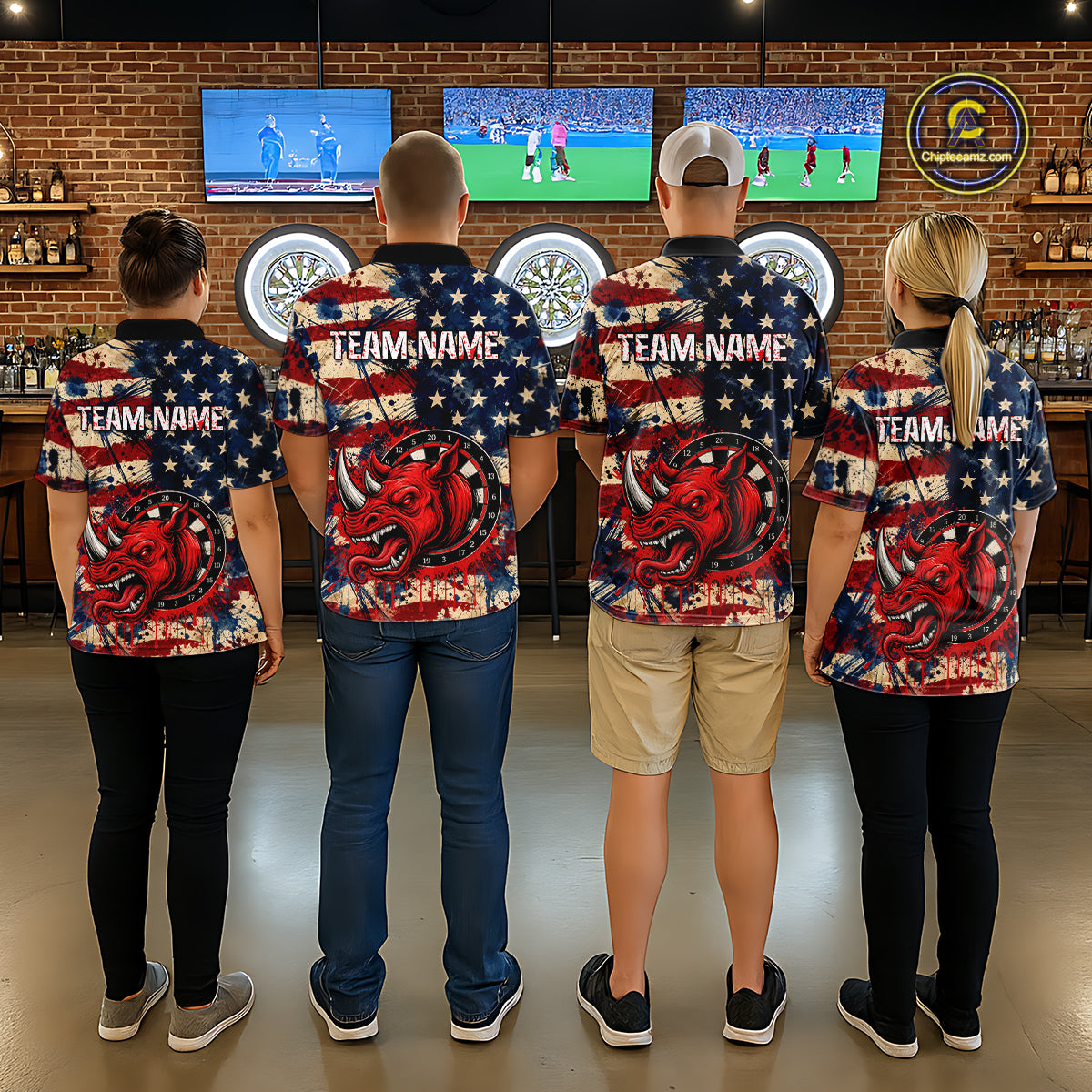 Red Dripping Rhino Funny Men Darts Polo 1/4-Zip Shirt Custom Grunge American Flag Dartboard Apparel NYN3358