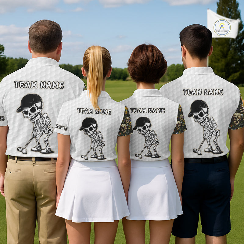 Golf team wearing matching tropical skull golf polos during destination golf tournament, symbolizing adventure, friendship and tropical golf lifestyle.