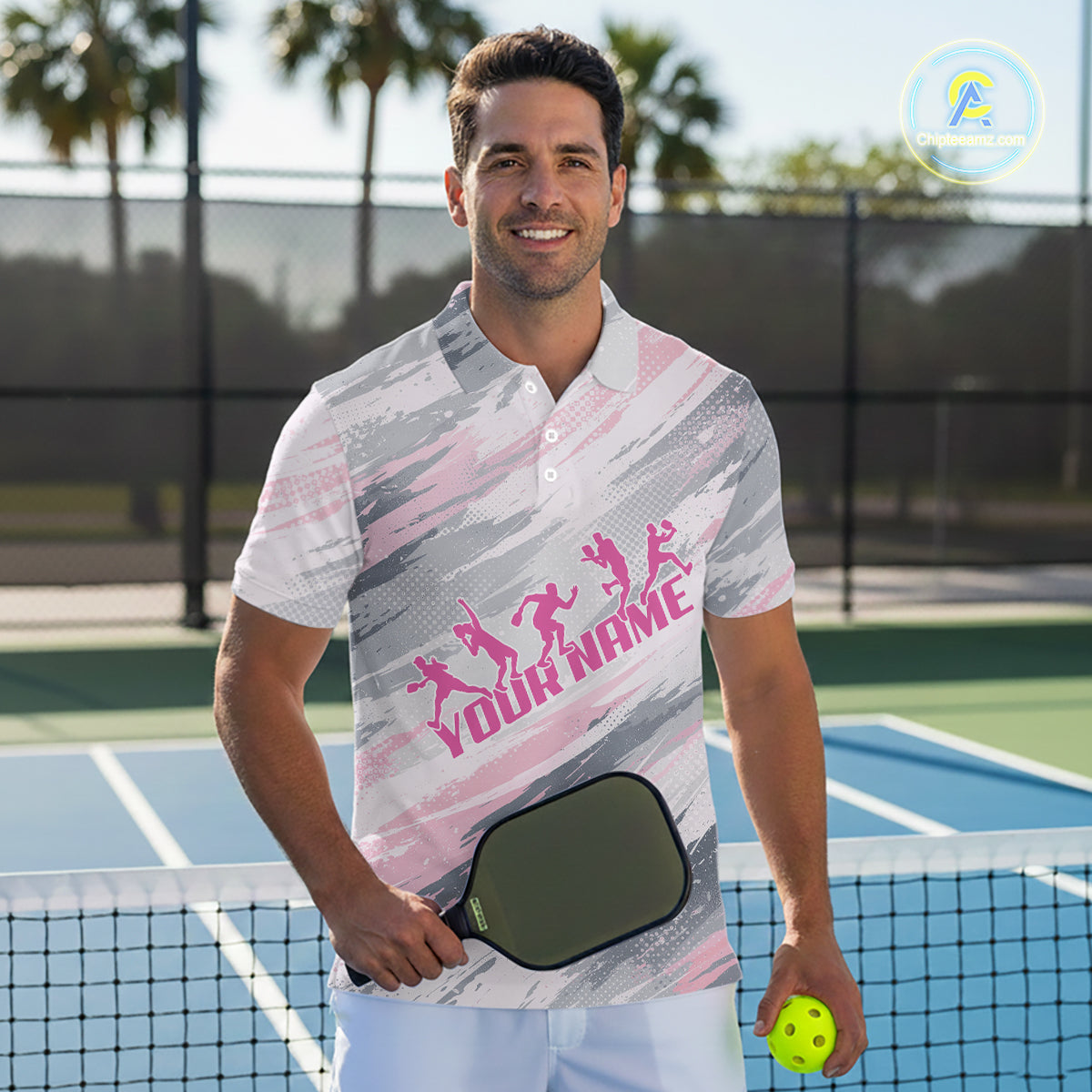 Custom Pink Grey Paint Pickleball Ball & Paddle T-Shirt For Men Outfits Pickleball Jersey NYN2577