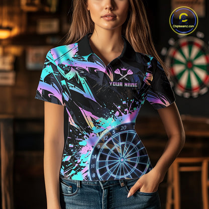 Holographic Splatter Dartboard Women Dart Polo & 1/4-Zip Shirt Custom Name Dart Jersey For Darters NYN2966