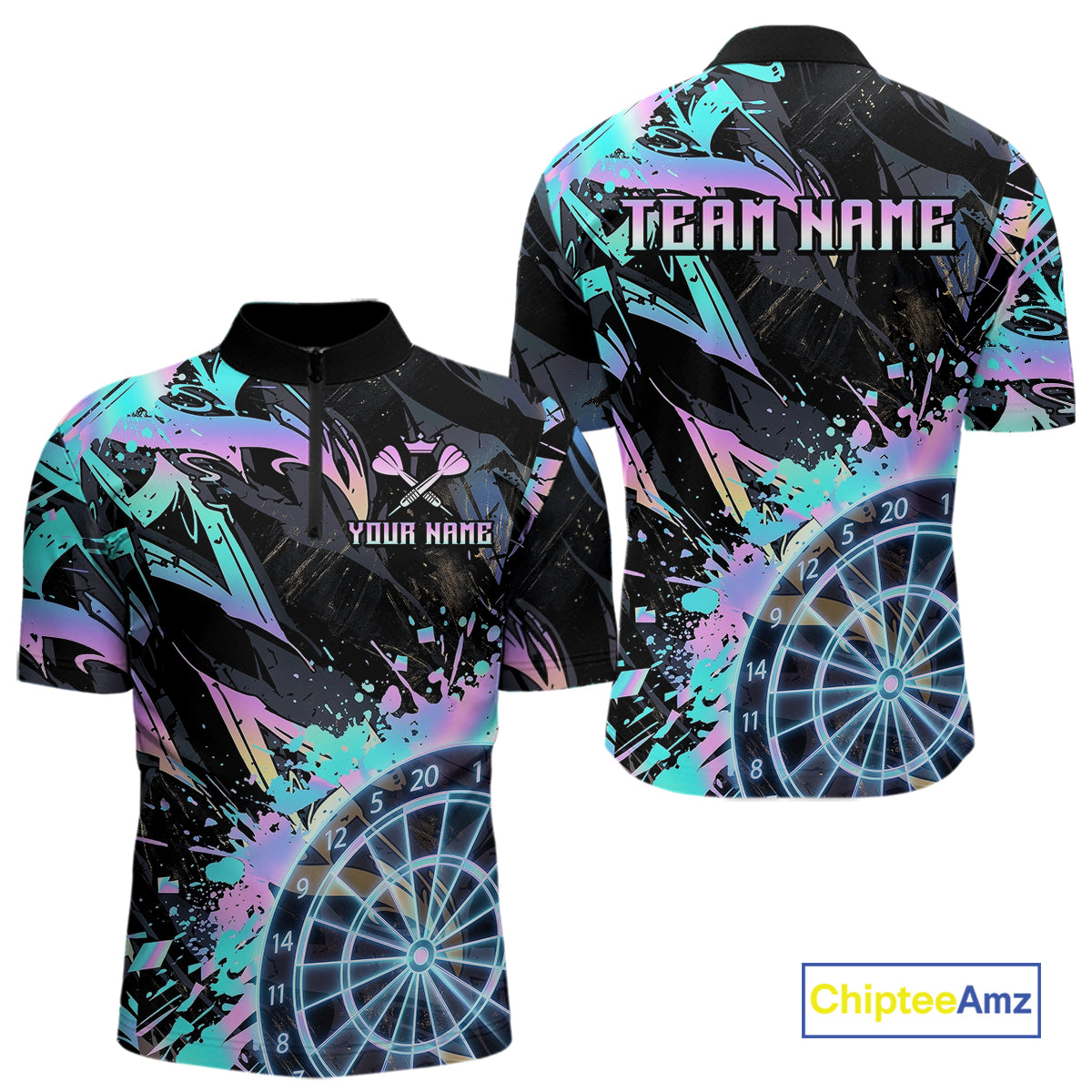 Holographic Splatter Dartboard Men Dart Polo & 1/4-Zip Shirt Custom Name Dart Jersey For Darters NYN2966