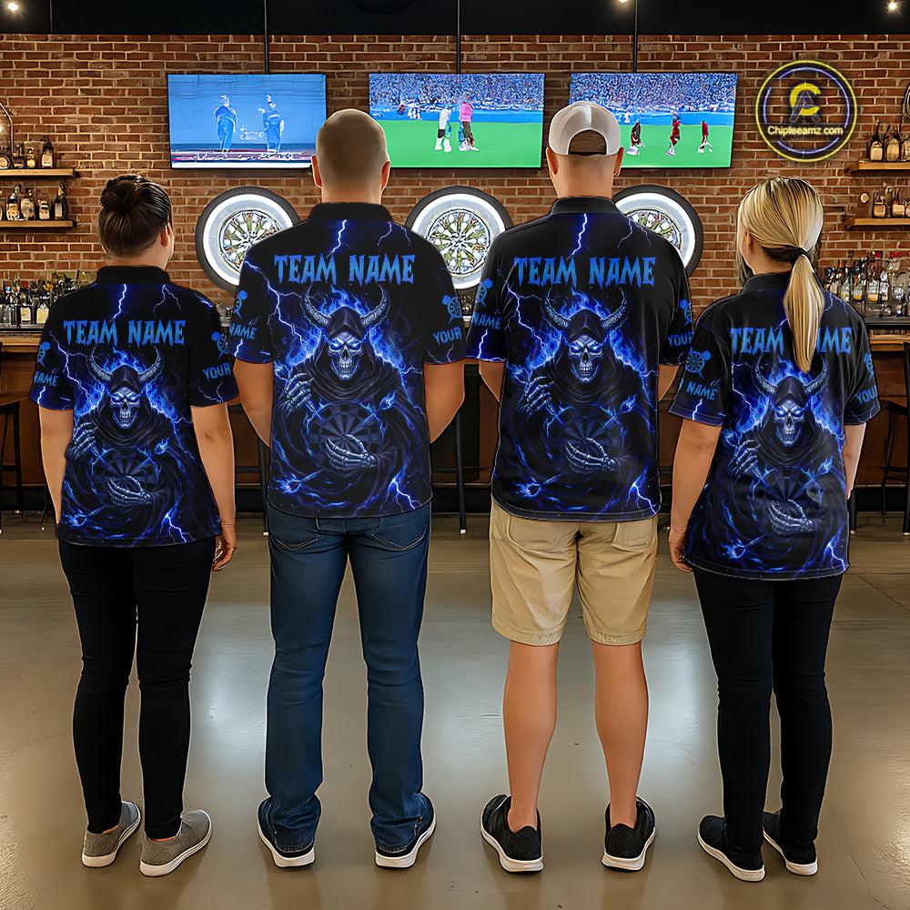 Blue Neon Flaming Grim Reaper Men Darts Polo Jerseys Custom Name Dart League Shirt NYN2065