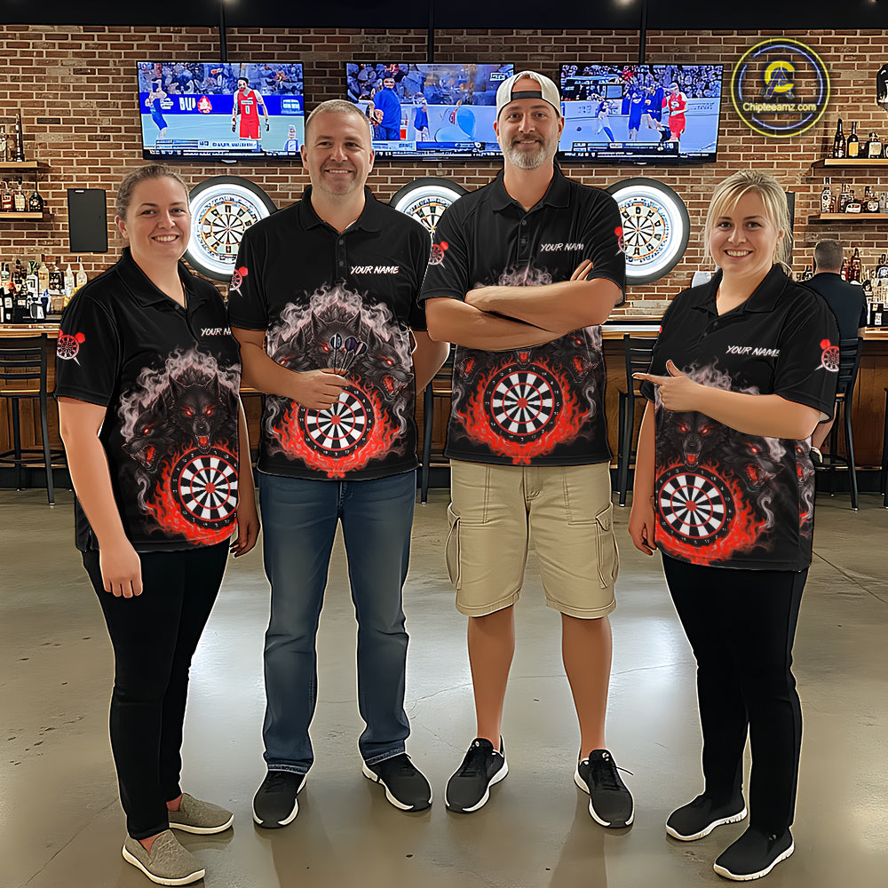 Grey And Red Flames Wolf Custom Men's Funny Dart Polo Shirts Team Dart League Jerseys NYN2081