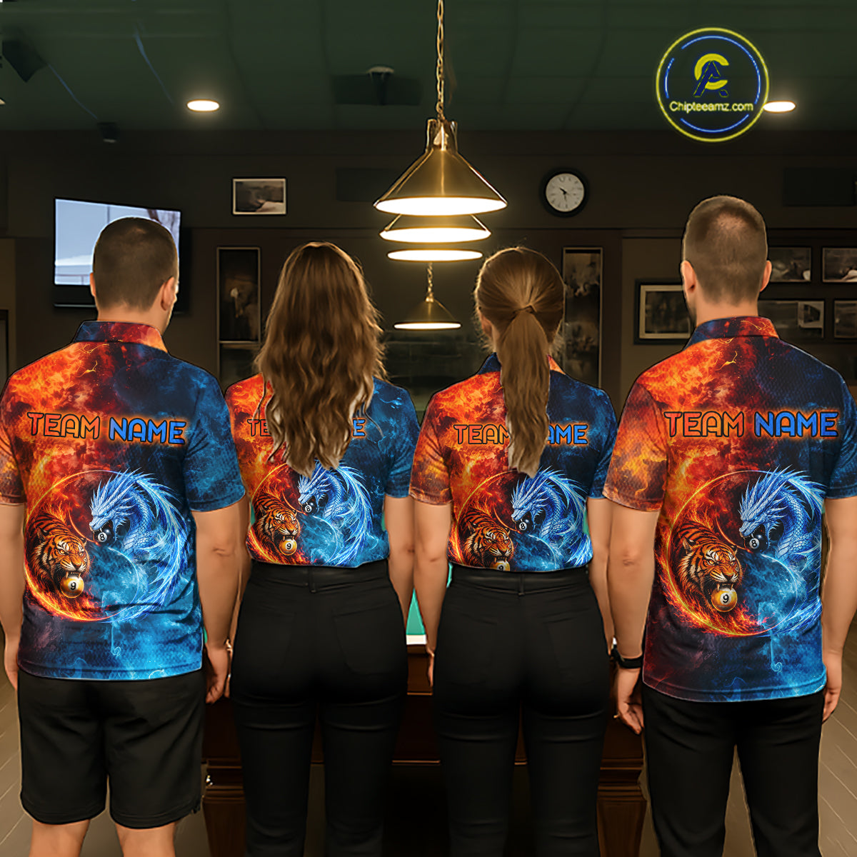 Pool team wearing matching Dragon 8 Ball & Tiger 9 Ball billiard jerseys, personalized league uniforms.