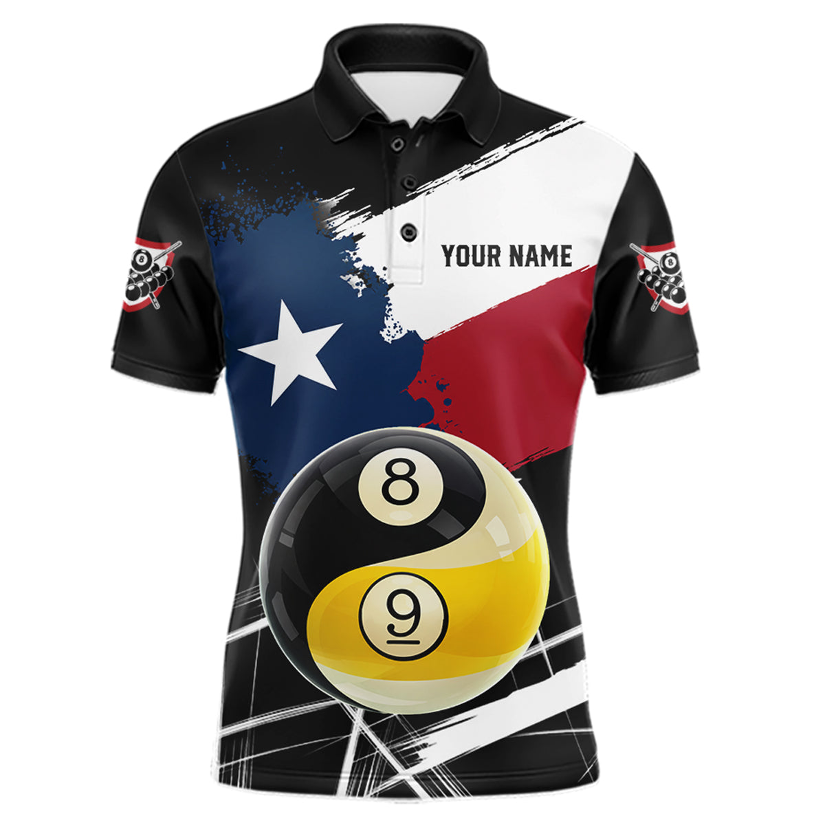Men's billiard polo featuring Texas flag splash, Yin Yang symbol with 8 ball and 9 ball graphics, personalized performance apparel for APA leagues, Zen lifestyle enthusiasts and competitive pool players, symbolizing balance and precision.