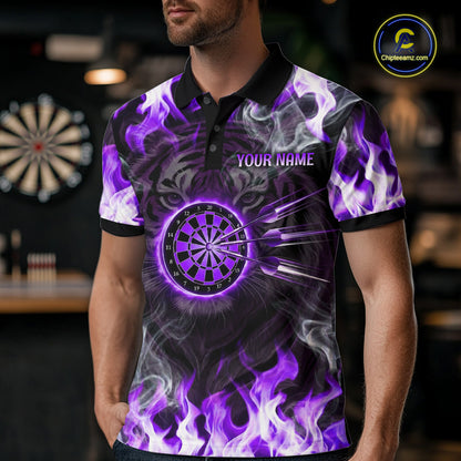 Purple Flaming Tiger Men Dart Polo Shirts Personalized Name & Team Fire Flame Dart Jerseys NYN2101
