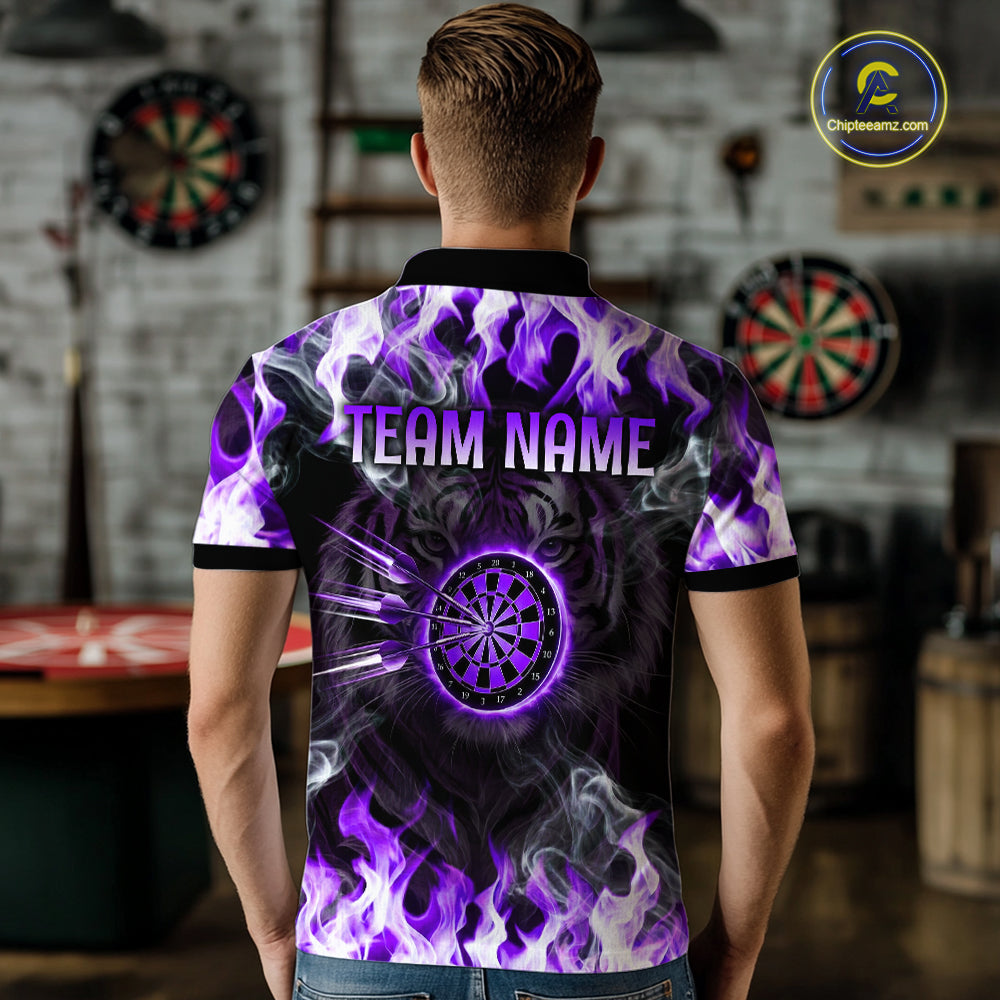 Purple Flaming Tiger Men Dart Polo Shirts Personalized Name & Team Fire Flame Dart Jerseys NYN2101