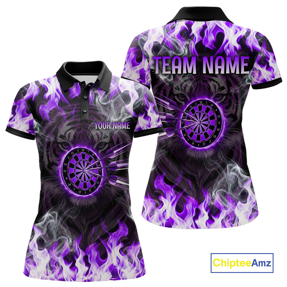 Purple Flaming Tiger Women Dart Polo Shirts Personalized Name & Team Fire Flame Dart Jerseys NYN2101