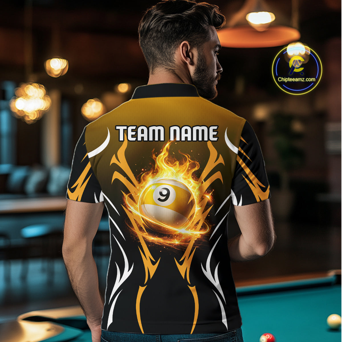 Custom Yellow Flames 8 Ball Men's Billiard Shirts Personalized Billiard Cue Attire Gifts NYN2339