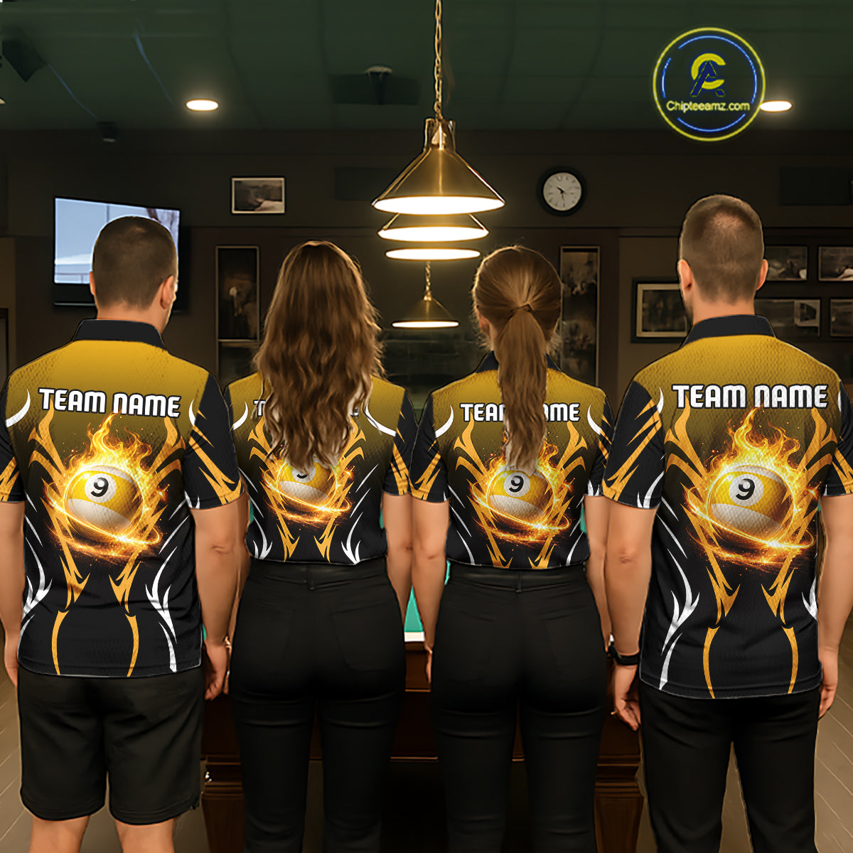 Custom Yellow Flames 8 Ball Men's Billiard Shirts Personalized Billiard Cue Attire Gifts NYN2339