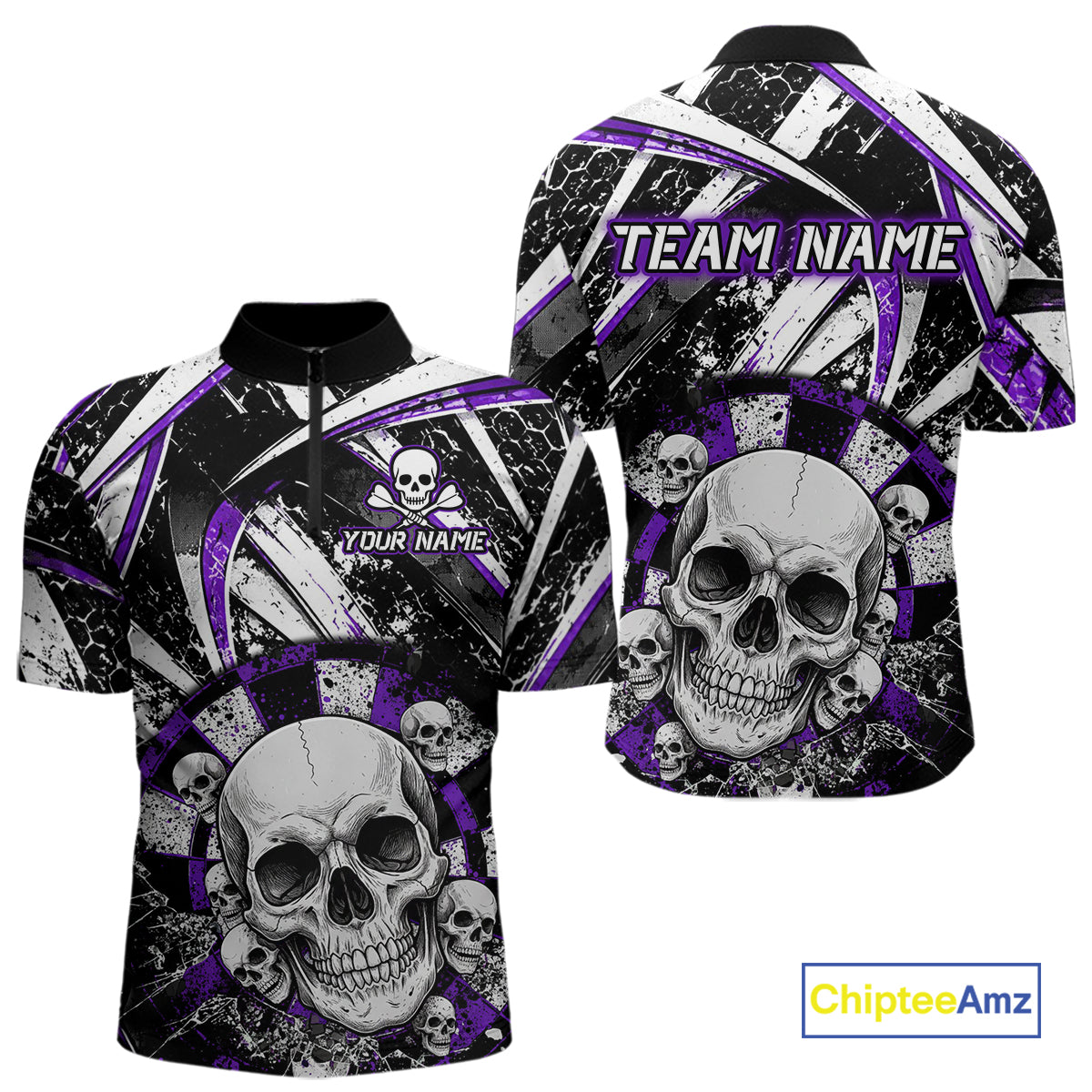 Black & Purple Dartboard Grunge Men Darts 1/4-Zip Shirts Custom Multi-Skull Dart Team Jerseys NYN2350