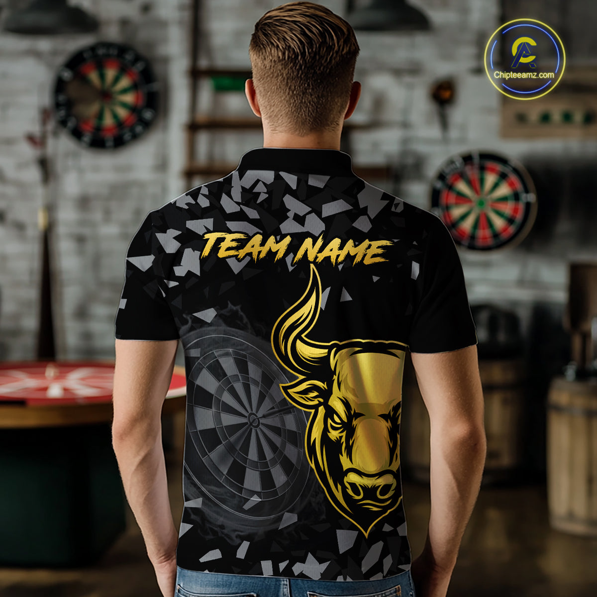 Bull & Dartboard Custom Grunge Men's Darts Polo Shirt Yellow Darts Team Jersey NYN2352