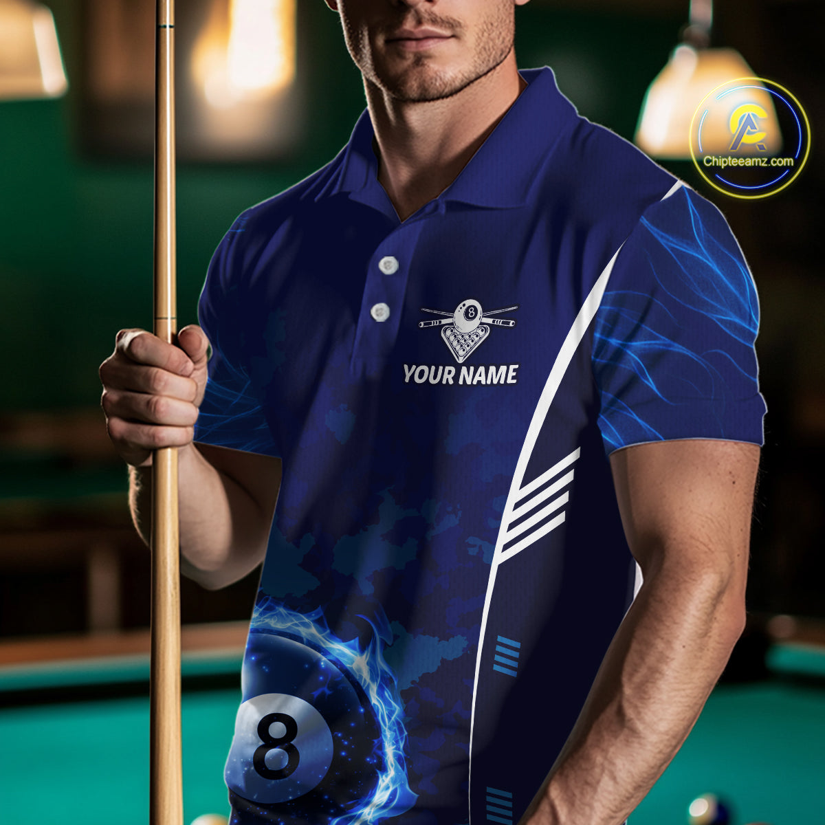Blue Camouflage Men's Billiard Polo & 1/4 Zip Shirt Custom Flame 8 Ball Billiard Jerseys NYN2359