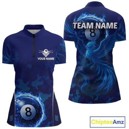 Blue Camouflage Women's Billiard Polo & 1/4 Zip Shirt Custom Flame 8 Ball Billiard Jerseys NYN2359
