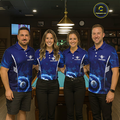 Blue Camouflage Men's Billiard Polo & 1/4 Zip Shirt Custom Flame 8 Ball Billiard Jerseys NYN2359