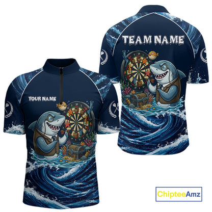 Blue Waving Funny Shark Play Darts Polo & 1/4-Zip Shirt For Men Custom Name Dart Jersey For Darters NYN2977