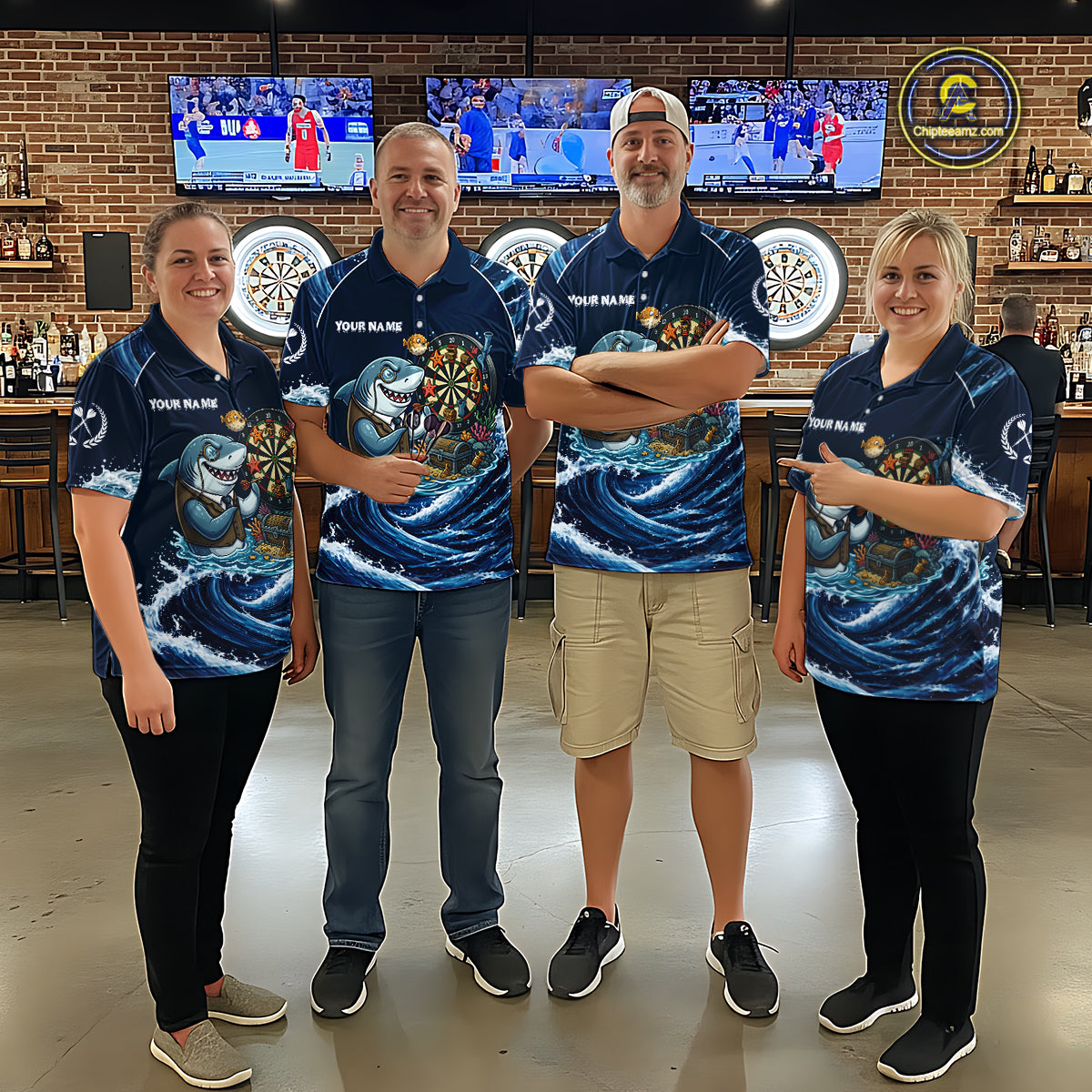 Blue Waving Funny Shark Play Darts Polo & 1/4-Zip Shirt For Men Custom Name Dart Jersey For Darters NYN2977