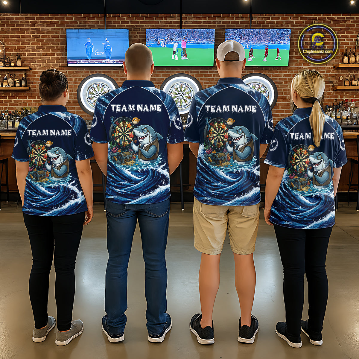 Blue Waving Funny Shark Play Darts Polo & 1/4-Zip Shirt For Men Custom Name Dart Jersey For Darters NYN2977