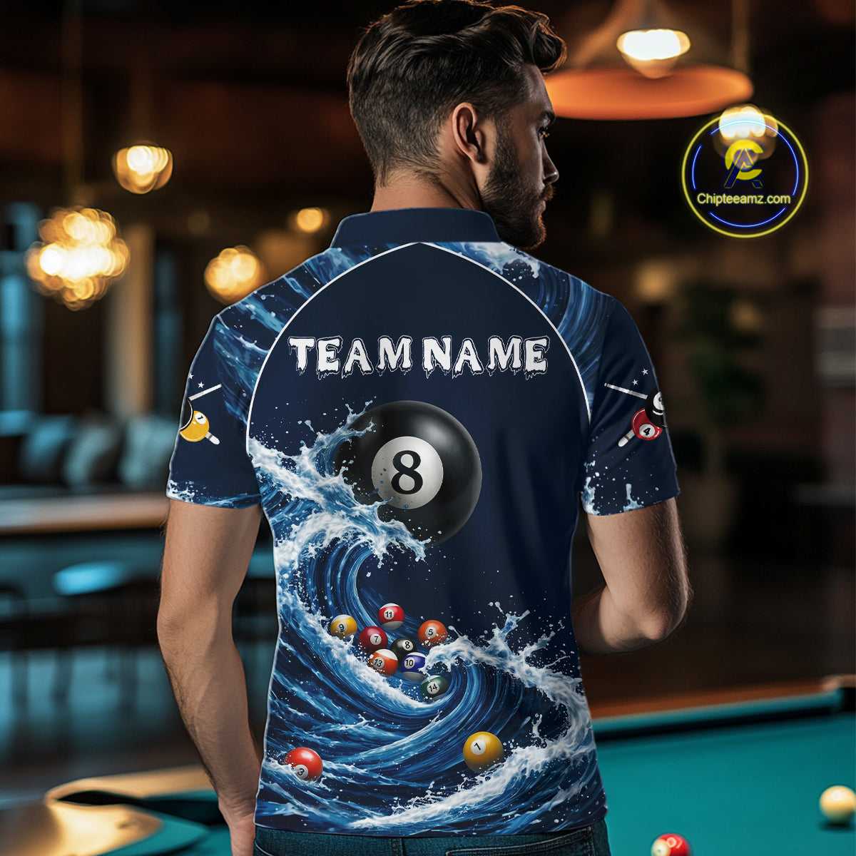 Blue Waving 8 Ball Pool Shirts Custom Billiard Pool Shirts For Men 3D Billiard Team Attire NYN2978