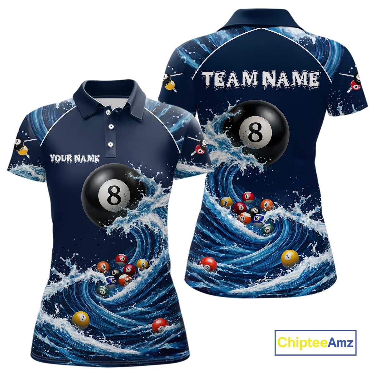 Blue Waving 8 Ball Pool Shirts Custom Billiard Pool Shirts For Women 3D Billiard Team Attire NYN2978