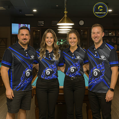 Fire Flame 9 Ball Billiard Team Shirt For Women Custom Black And Blue Pool Billiard Team Jersey NYN3969