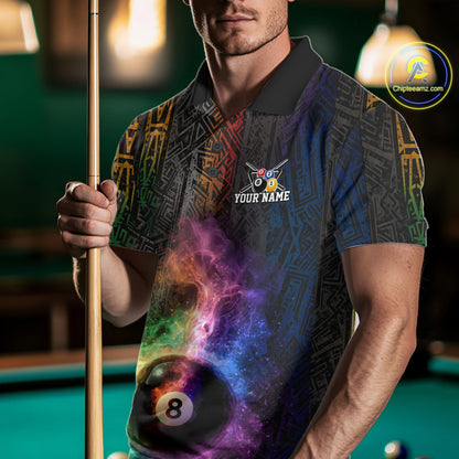 Tribal Colorful Smoke 8 Ball Pool Team Shirt Custom Men Billiards Balls Polo & 1/4-Zip Attire NYN2398