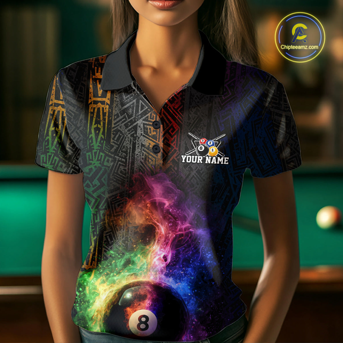 Tribal Colorful Smoke 8 Ball Pool Team Shirt Custom Women Billiards Balls Polo & 1/4-Zip Attire NYN2398