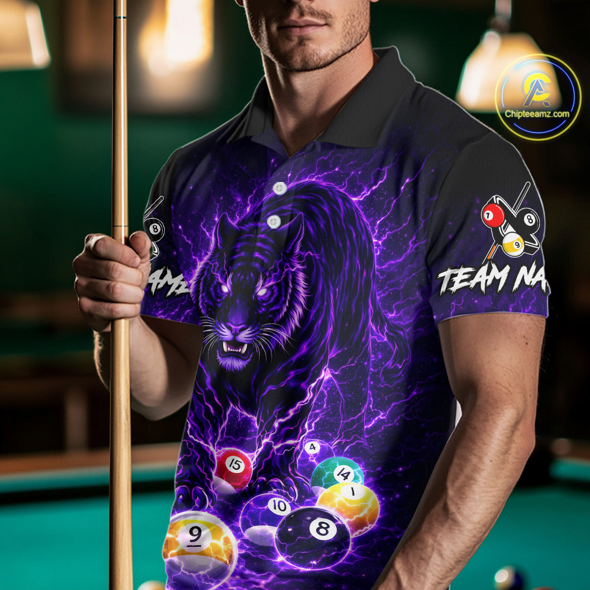 Thunder Purple Horror Tiger Pool Ball Billiard Shirt For Men Custom 8 Ball Billiard Team Attire NYN2629