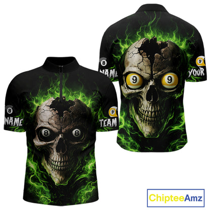 Green Flaming Cracked Skull 8 Ball & 9 Ball Pool Billiard Shirt For Men Custom Billiard Apparel NYN2635