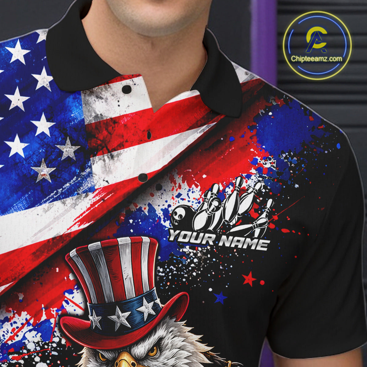 Custom American Flag Splatter Eagle Bowling Team Shirts For Men Patriotic Outfits Bowling Jersey NYN2779