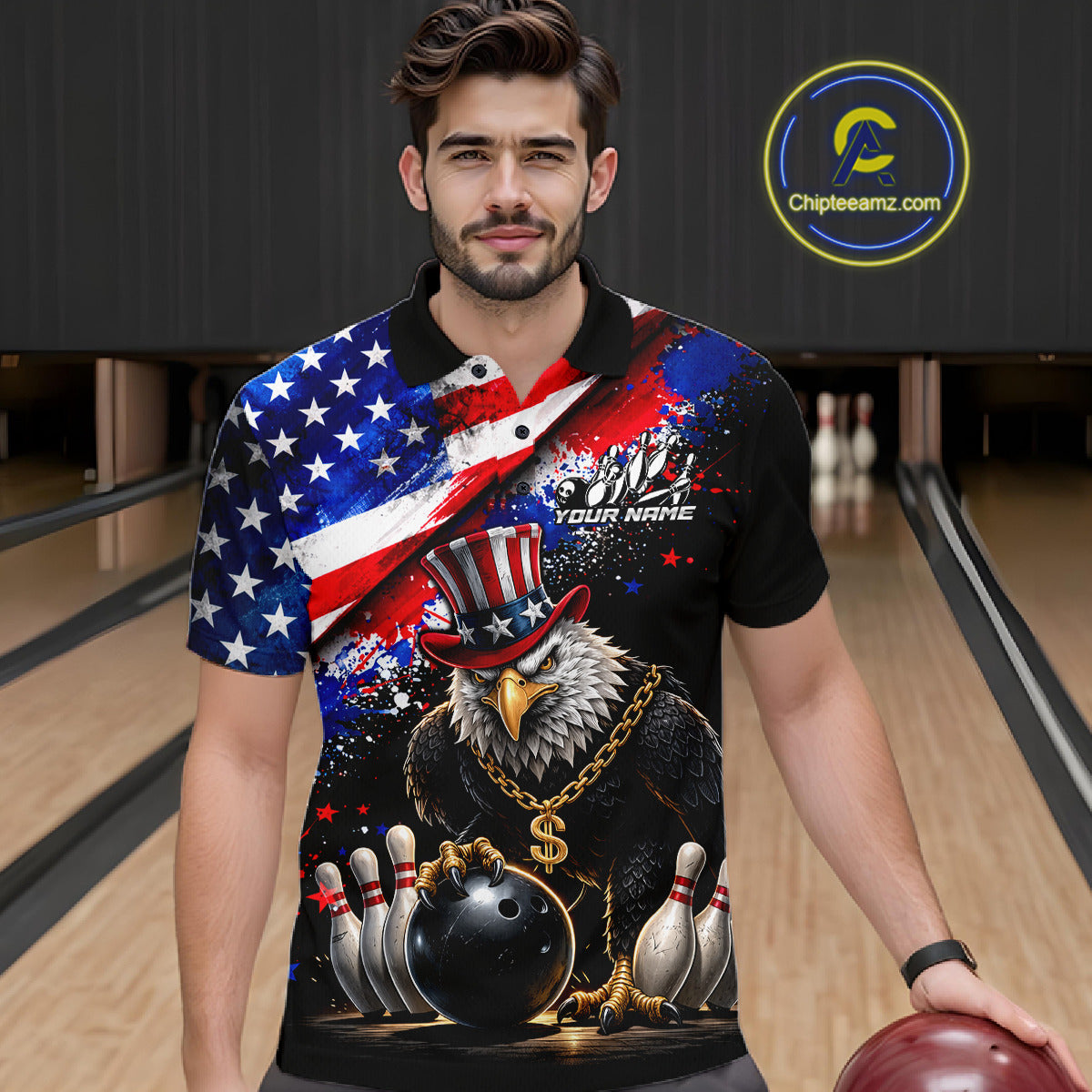 Custom American Flag Splatter Eagle Bowling Team Shirts For Men Patriotic Outfits Bowling Jersey NYN2779
