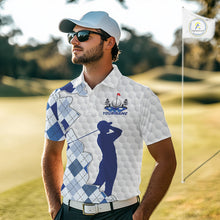Load image into Gallery viewer, Custom Argyle Pattern Golf Polo Shirts For Men, Blue Argyle Golf Ball White Golf Clothing Shirts NYN2990