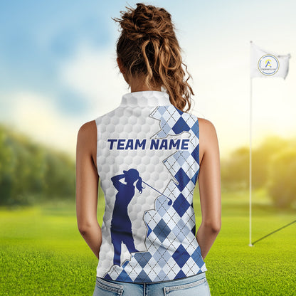 Custom Argyle Pattern Golf Sleeveless Polo Shirts For Women, Blue Argyle Golf Ball White Golf Clothing Shirts NYN2990