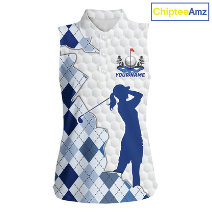 Custom Argyle Pattern Golf Sleeveless Polo Shirts For Women, Blue Argyle Golf Ball White Golf Clothing Shirts NYN2990
