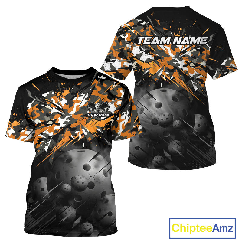 Custom Black & Orange Camo Men Pickleball League Jerseys Grunge Pickleball Paddle Shirts NYN2136