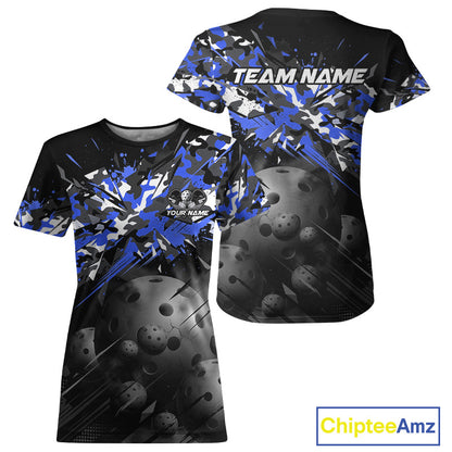 Custom Black & Blue Camo Women Pickleball League Jerseys Grunge Pickleball Paddle Shirts NYN2138
