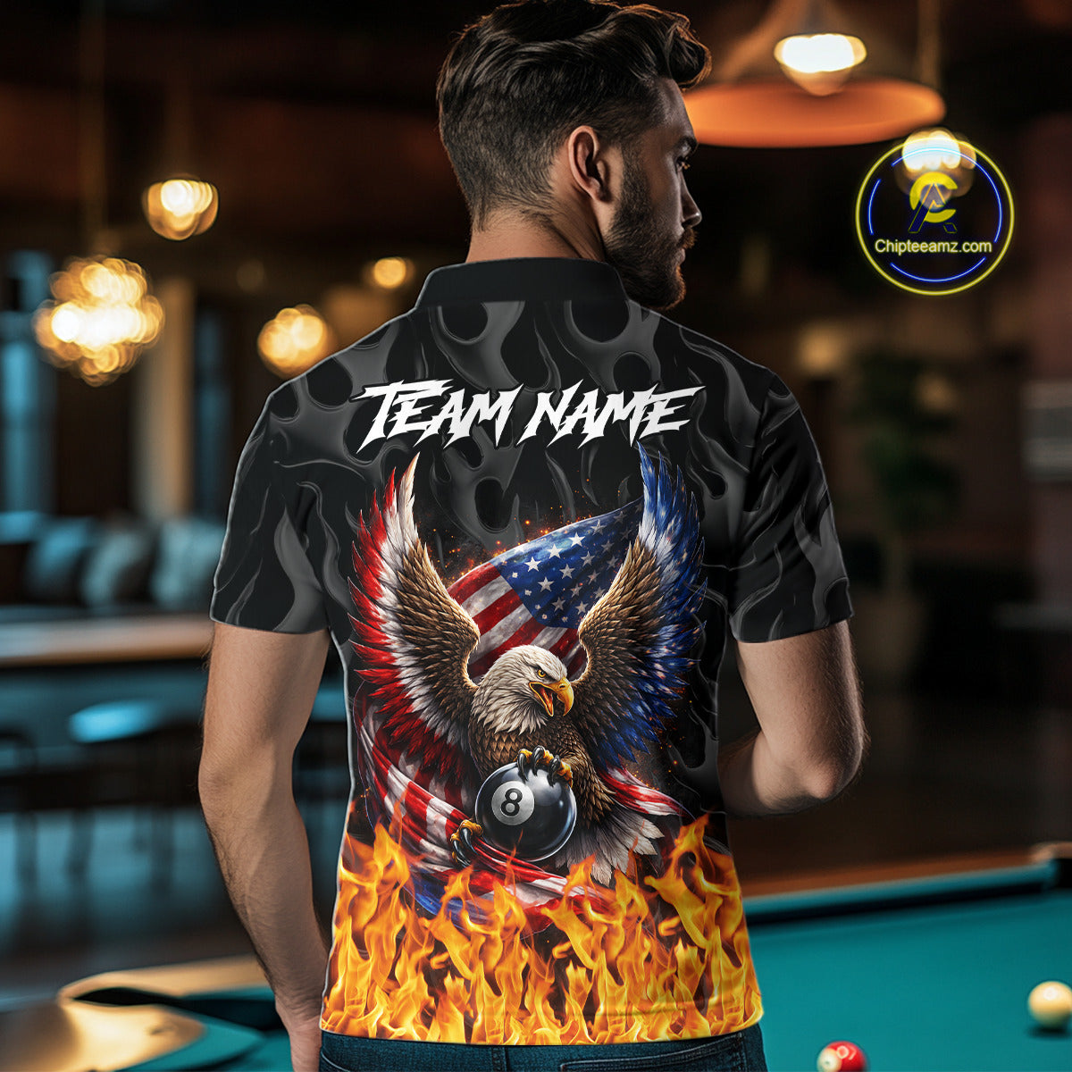 Personalized Fire Flame US Flag Eagle 8 Ball Pool Billiard Shirts For Men Patriotic Billiard Gifts NYN2793