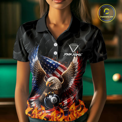 Personalized Fire Flame US Flag Eagle 8 Ball Pool Billiard Shirts For Women Patriotic Billiard Gifts NYN2793