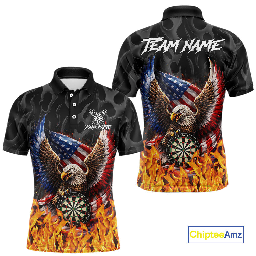 Personalized Fire Flame US Flag Eagle Dart Polo & 1/4-Zip Shirts For Men Patriotic Dart Gifts NYN2795
