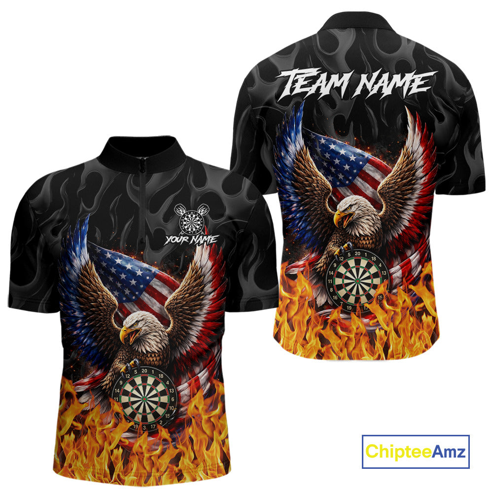 Personalized Fire Flame US Flag Eagle Dart Polo & 1/4-Zip Shirts For Men Patriotic Dart Gifts NYN2795