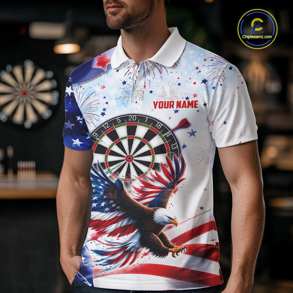 Male model wearing American Flag Eagle darts polo, USA patriotic tournament jersey, veteran appreciation apparel, personalized league performance clothing