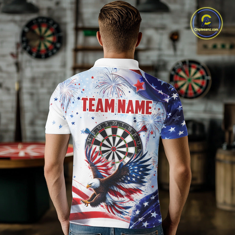 Male model wearing American Flag Eagle darts polo, USA patriotic tournament jersey, veteran appreciation apparel, personalized league performance clothing