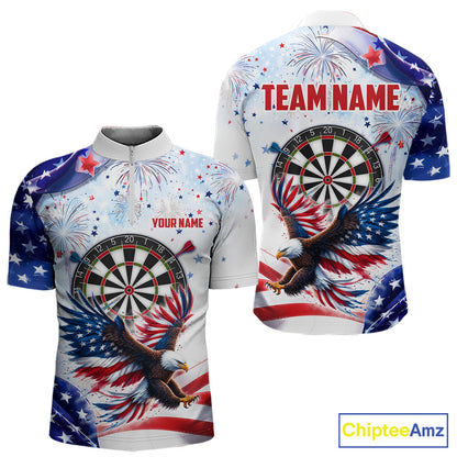Men's American Flag Eagle quarter-zip darts shirt featuring eagle artwork, personalized patriotic league jersey, championship tournament apparel, custom sportswear