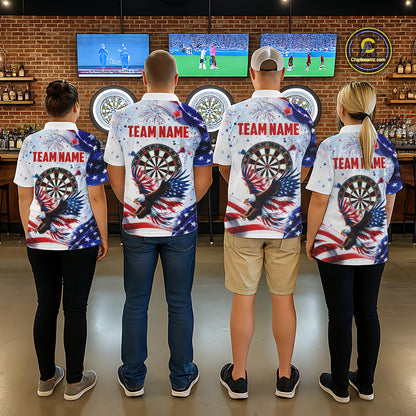 Coordinated American Flag Eagle darts team jerseys for men and women, patriotic USA tournament uniforms, veterans appreciation apparel, custom championship league clothing