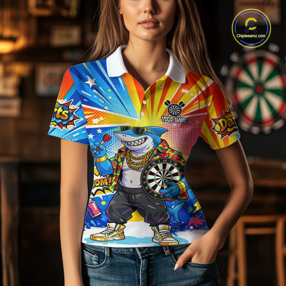 Funny Rich Cool Shark Hold Dartboard Women Darts Polo Shirt Custom Pop Art Dart League Shirt NYN2646