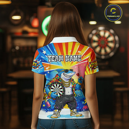 Funny Rich Cool Shark Hold Dartboard Women Darts Polo Shirt Custom Pop Art Dart League Shirt NYN2646