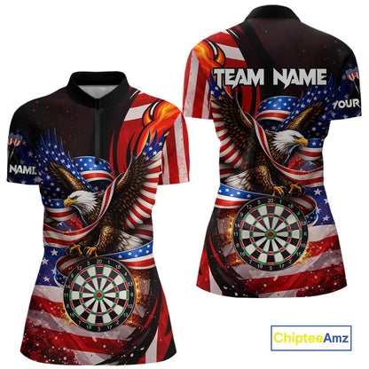 Custom US Flag Funny Eagle Dartboard Darts Women Polo & 1/4-Zip Shirts Patriotic Dart Team Jerseys NYN2805