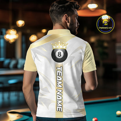 Personalized White And Gold Crown 8 Ball Pool Billiard Polo & 1/4 Zip For Men, Billiard Team Attire NYN3014